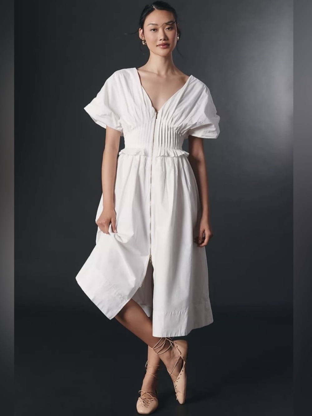 NWT Anthropologie White Front-Zip Midi Dress Sz L